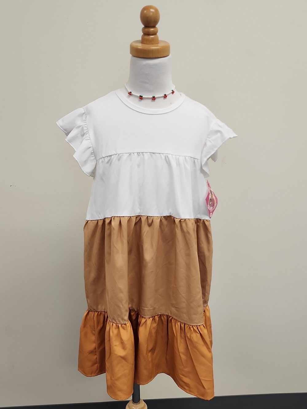 SHEIN Girls White Tan Tiered Flutter Sleeve Dress Size 6X